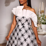 Fashion One-Shoulder Ruffle Mesh Sequin Embroidery Color Block Elegant Formal Party Dress