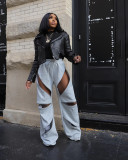 Women Patchwork Zipper Straight Bell Bottom Pants
