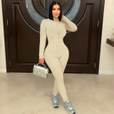 Women's Slim Fit Jumpsuit High Stretch Knitting Long Sleeve Stand Collar Zipper Casual Sporty Romper