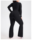 Plus Size Zipper Long Sleeve Fitness Sport Bell Bottom Jumpsuit Tight Fitting Yoga wear
