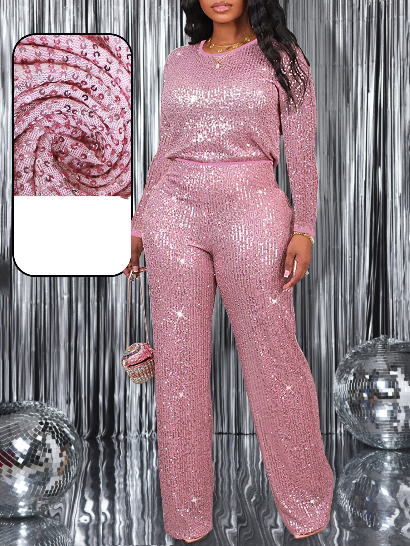 Autumn Women's Fashion Elegant Short Sleeve Round Neck Sequin Party Wear Casual Two Piece Pants Set