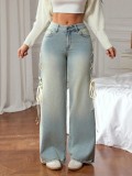 Casual Wide Leg Denim Pants Loose Women's Fashion Side Lace-up Jeans