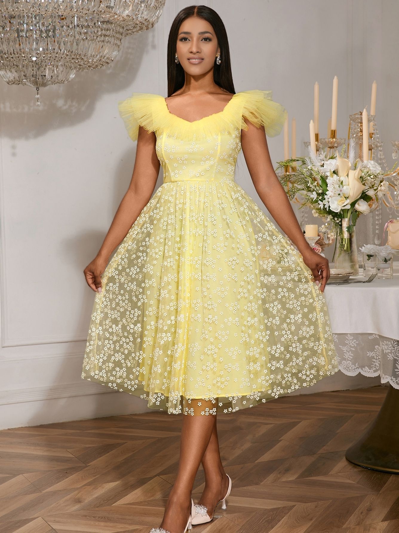 Floral Mesh Square Neck Elegant A-Line Slim Waist Party Evening Dress