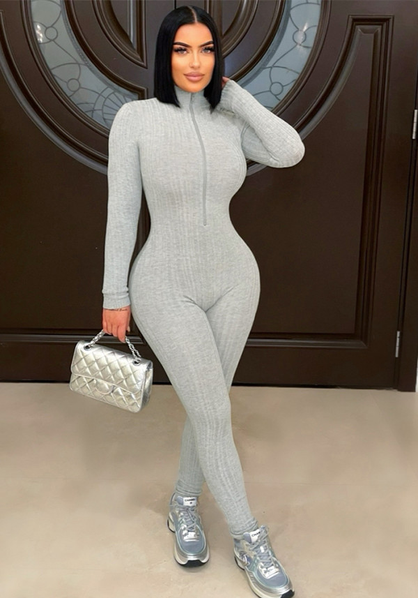 Women's Slim Fit Jumpsuit High Stretch Knitting Long Sleeve Stand Collar Zipper Casual Sporty Romper