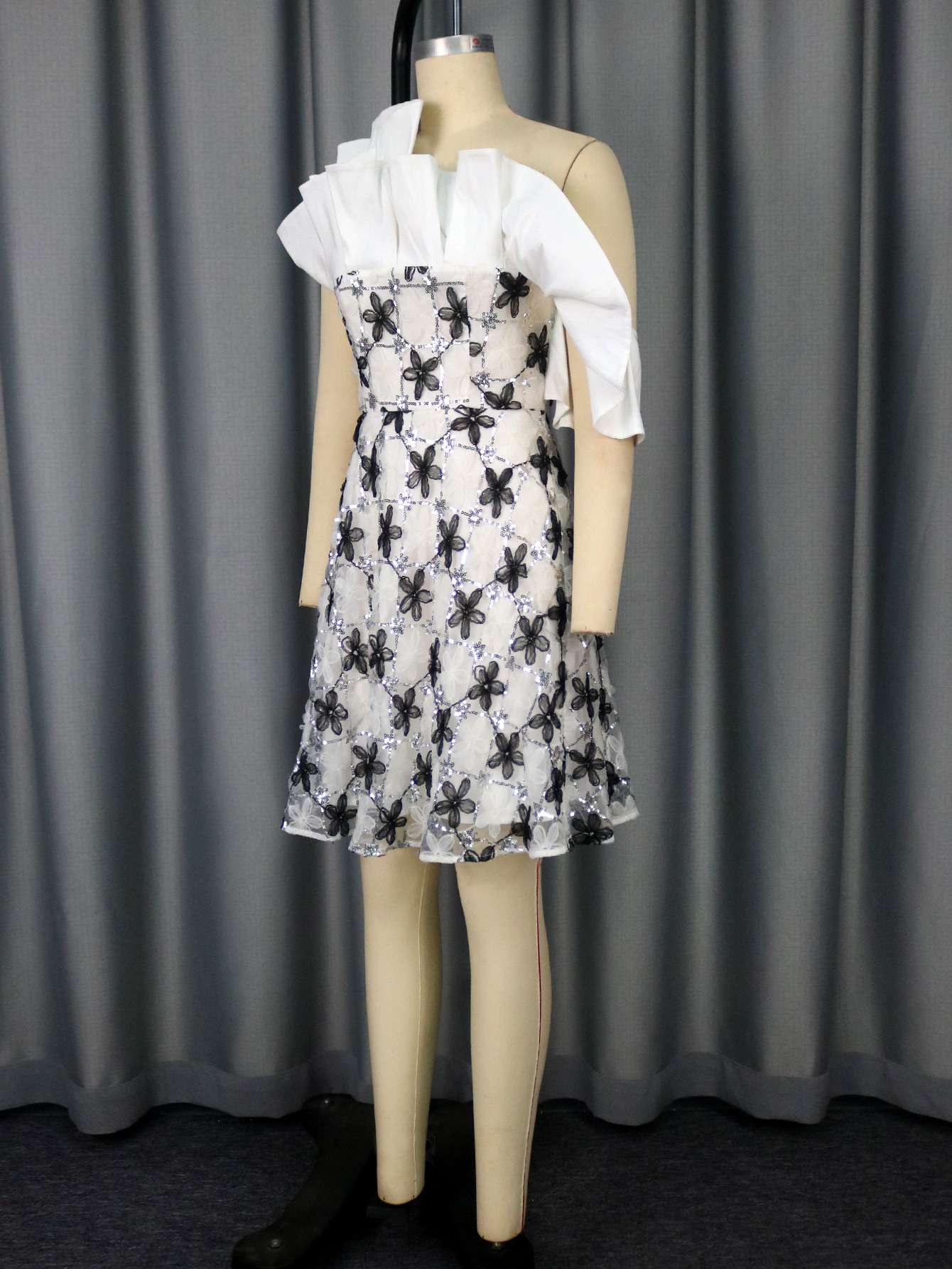 Fashion One-Shoulder Ruffle Mesh Sequin Embroidery Color Block Elegant Formal Party Dress