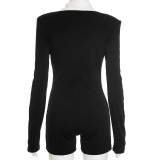 Women's Fashion Rose Pattern Metal Buttons Turndown Collar Long Sleeve Tight Fitting Shorts Jumpsuit