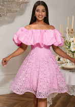 Off Shoulder Puff Sleeve Sexy Lace Slim Waist Chic A-Line Party Dress