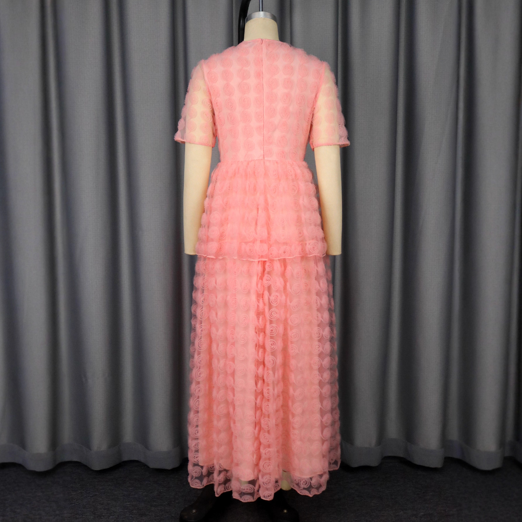 See-Through Round Neck Mesh Embroidery Elegant Party Long Dress