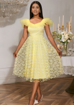 Floral Mesh Square Neck Elegant A-Line Slim Waist Party Evening Dress