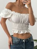 Women's Ruffled Slim Waist Cropped Lace Top