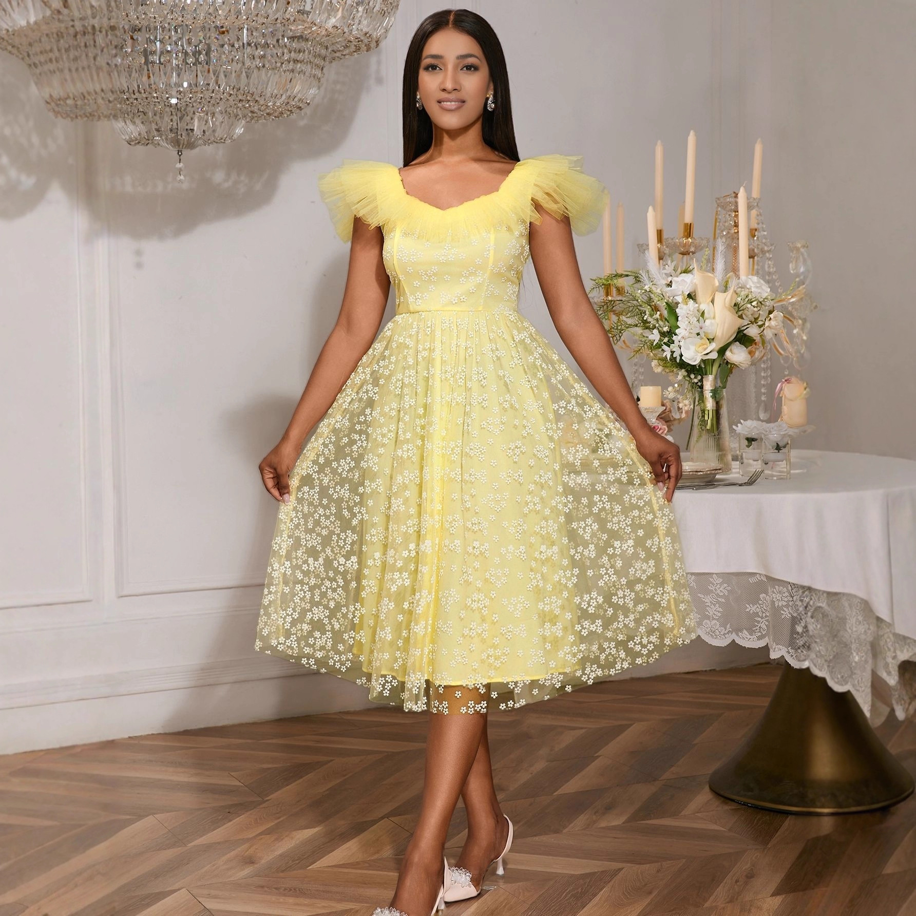 Floral Mesh Square Neck Elegant A-Line Slim Waist Party Evening Dress