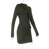 Women Sexy V-Neck Hollow Metal Button Long-Sleeved Bodycon Dress