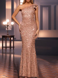 Women Formal Party One-Shoulder Gold Sequined Fishtail Evening Dress