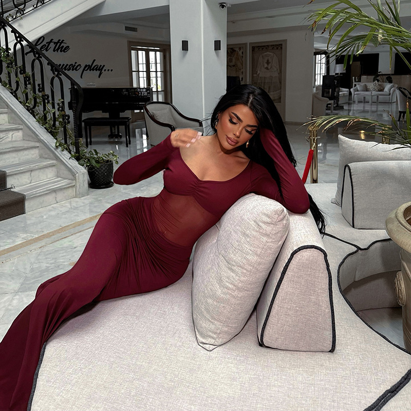 Women Autumn Solid See-Through Patchwork Long-Sleeved Sexy Dress