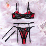 Women Lace Mesh Contrast Chain See-Through Bra and Lingerie Two-Piece Set