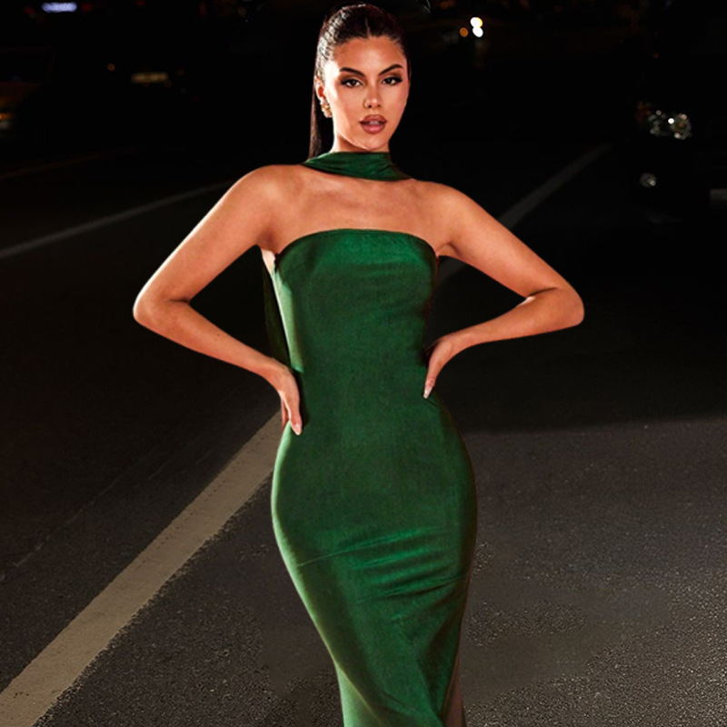 Women Dark Green Strapless Off-Shoulder Halter Neck Lace-Up Fishtail Evening Dress