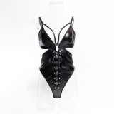 Women Pu Leather Lace-Up Perforated Suspender Bodysuit