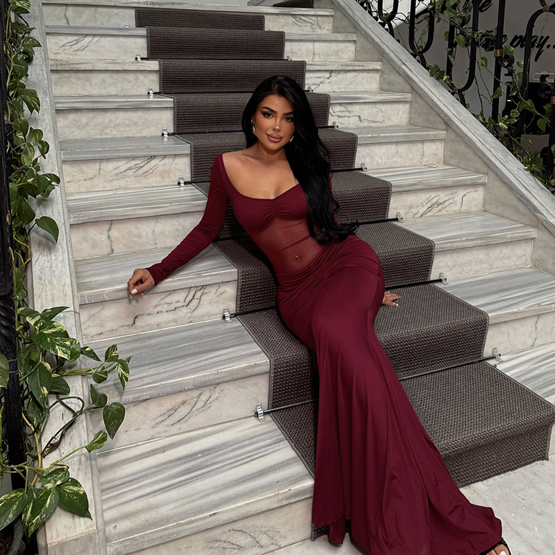 Women Autumn Solid See-Through Patchwork Long-Sleeved Sexy Dress