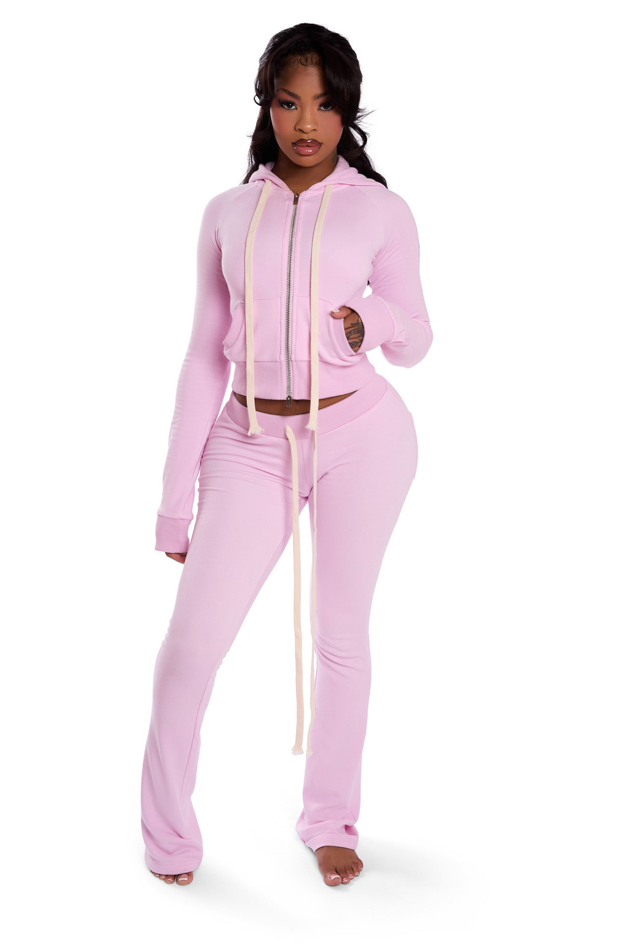 Women Zippered Hooded Top and Pant Two-Piece Set