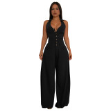 Women Pocket Sleeveless Backless Casual Jumpsuit