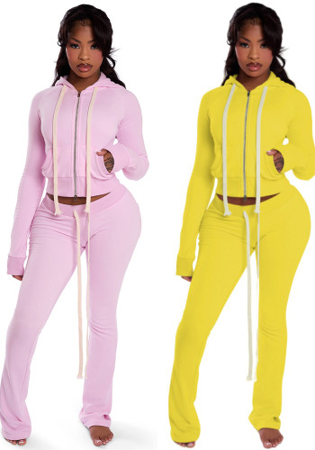 Women Zippered Hooded Top and Pant Two-Piece Set