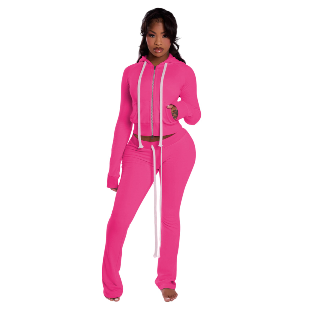 Women Zippered Hooded Top and Pant Two-Piece Set