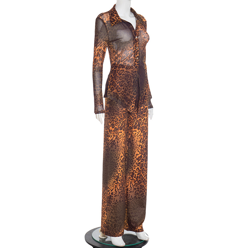 Women Autumn/Winter Leopard Print Mesh Turndown Collar Button Top and Bell Bottom Two-Piece Set