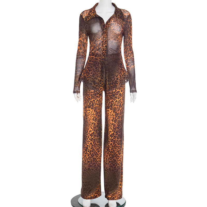 Women Autumn/Winter Leopard Print Mesh Turndown Collar Button Top and Bell Bottom Two-Piece Set