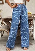 Women Casual Printed Denim Wide-Leg Pants Women Casual Printed Denim Wide-Leg Pants