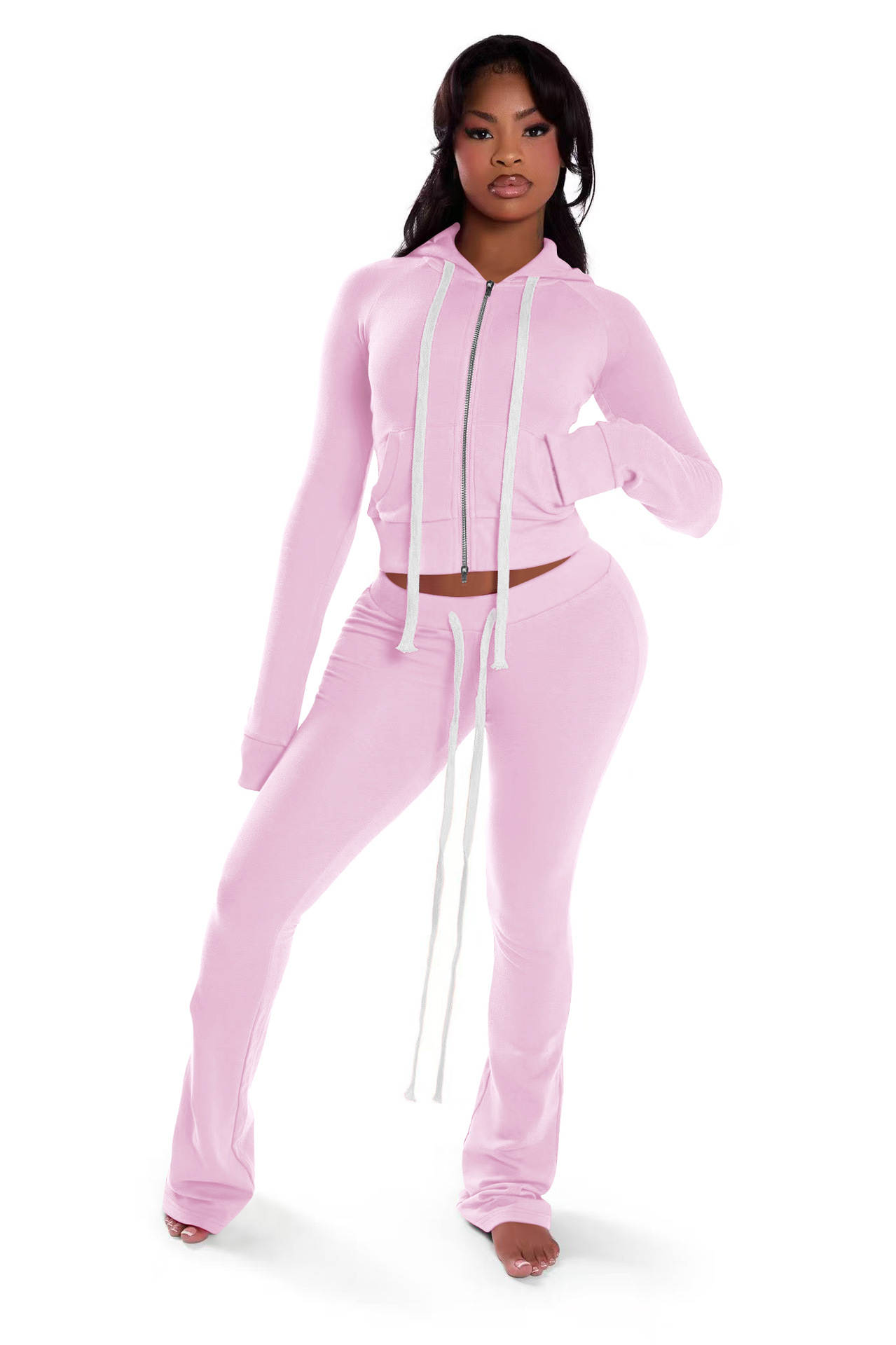 Women Zippered Hooded Top and Pant Two-Piece Set