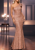 Women Formal Party One-Shoulder Gold Sequined Fishtail Evening Dress