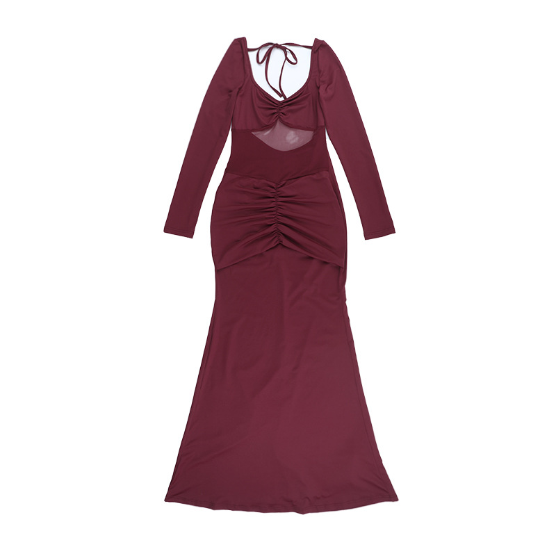 Women Autumn Solid See-Through Patchwork Long-Sleeved Sexy Dress