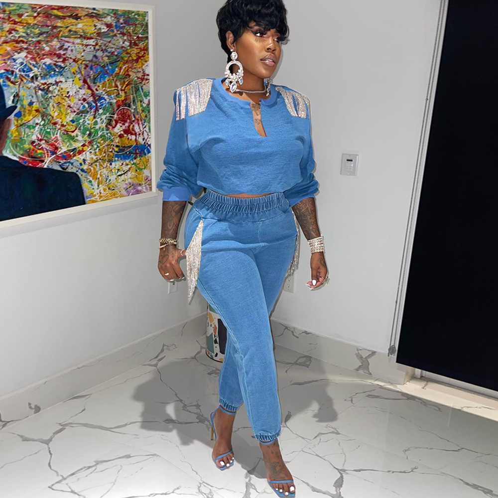 Women V-Neck Tassel Top and Pant Two-Piece Set