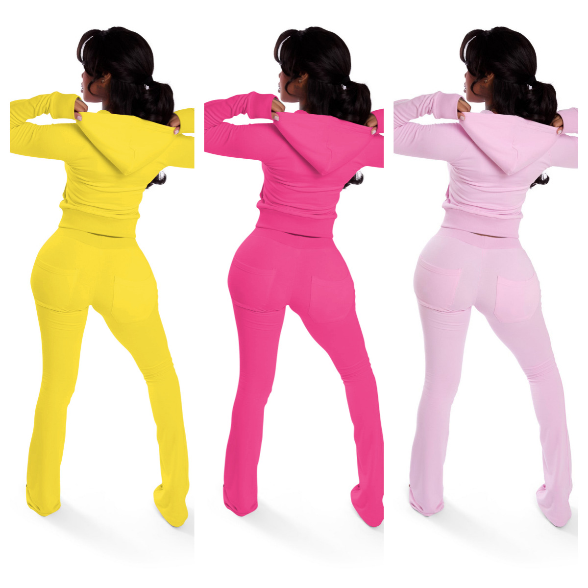 Women Zippered Hooded Top and Pant Two-Piece Set