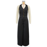 Women Pocket Sleeveless Backless Casual Jumpsuit