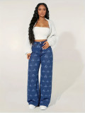 Women Stretch Butterfly Print Denim Wide-Leg Pants