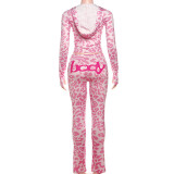 Women Autumn Hooded Camouflage Print Long-Sleeved Top and Pants Two-Piece Set