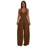 Women Pocket Sleeveless Backless Casual Jumpsuit