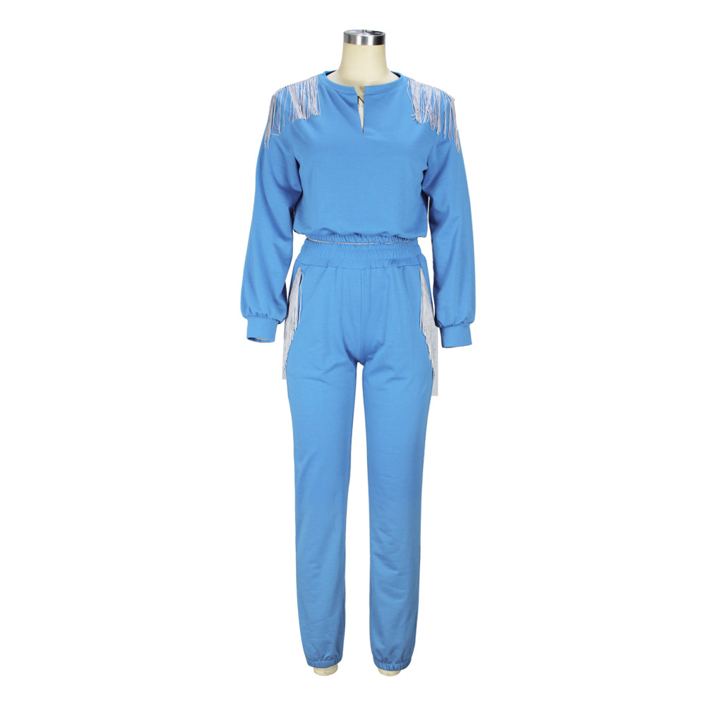 Women V-Neck Tassel Top and Pant Two-Piece Set