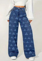 Women Stretch Butterfly Print Denim Wide-Leg Pants Women Stretch Butterfly Print Denim Wide-Leg Pants