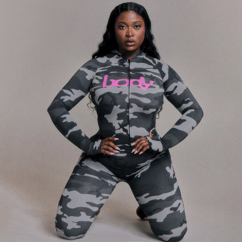 Women Autumn Hooded Camouflage Print Long-Sleeved Top and Pants Two-Piece Set