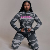 Women Autumn Hooded Camouflage Print Long-Sleeved Top and Pants Two-Piece Set