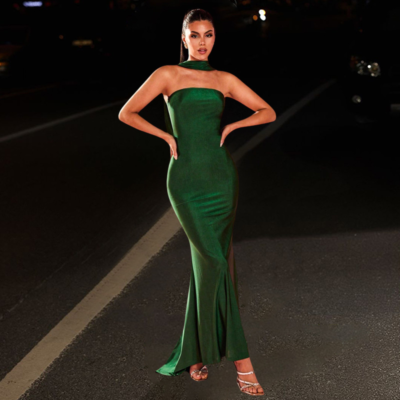 Women Dark Green Strapless Off-Shoulder Halter Neck Lace-Up Fishtail Evening Dress