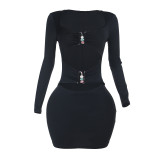 Women Long-Sleeved Cutout Fall Sexy Solid Bodycon Dress