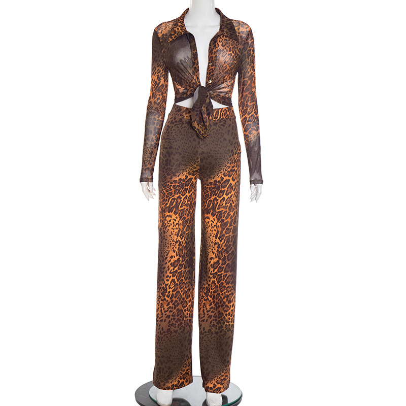 Women Autumn/Winter Leopard Print Mesh Turndown Collar Button Top and Bell Bottom Two-Piece Set