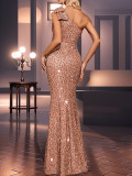Women Formal Party One-Shoulder Gold Sequined Fishtail Evening Dress
