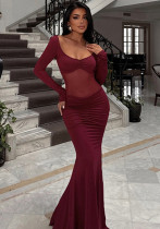 Women Autumn Solid See-Through Patchwork Long-Sleeved Sexy Dress Women Autumn Solid See-Through Patchwork Long-Sleeved Sexy Dress