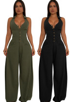 Women Pocket Sleeveless Backless Casual Jumpsuit