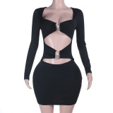 Women Long-Sleeved Cutout Fall Sexy Solid Bodycon Dress