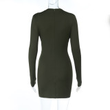 Women Sexy V-Neck Hollow Metal Button Long-Sleeved Bodycon Dress